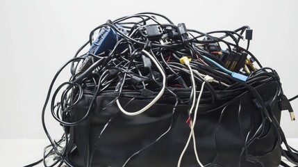 A tangled mess of cables and wires, spilling out of a computer bag