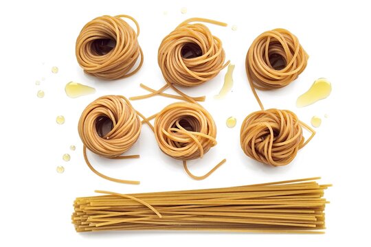 Raw pasta nest and spaghetti on a white background