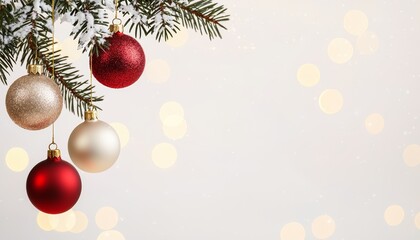 Fototapeta premium A minimalist holiday scene with red and gold ornaments hanging from snowy evergreen branches, set against a softly glowing background of festive lights.