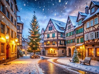 Naklejka premium Snowflakes gently fall on half-timbered buildings and cobblestone streets, illuminating festive holiday decorations and