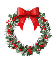 Christmas Holly Wreath with Red Bow and Snowflakes