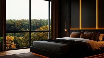 Fototapeta premium Modern bedroom with large windows overlooking a forest, featuring elegant lighting and stylish interior design.