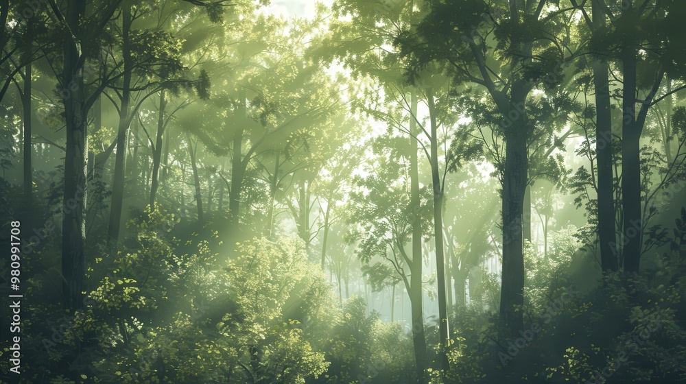Poster this background design features a tranquil forest scene with soft, dappled light filtering through t