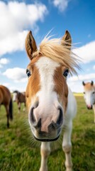 A playful herd of ponies grazing in the meadow, with one pony making eye contact with the camera, reflecting the joy of life on a sunny countryside day.
