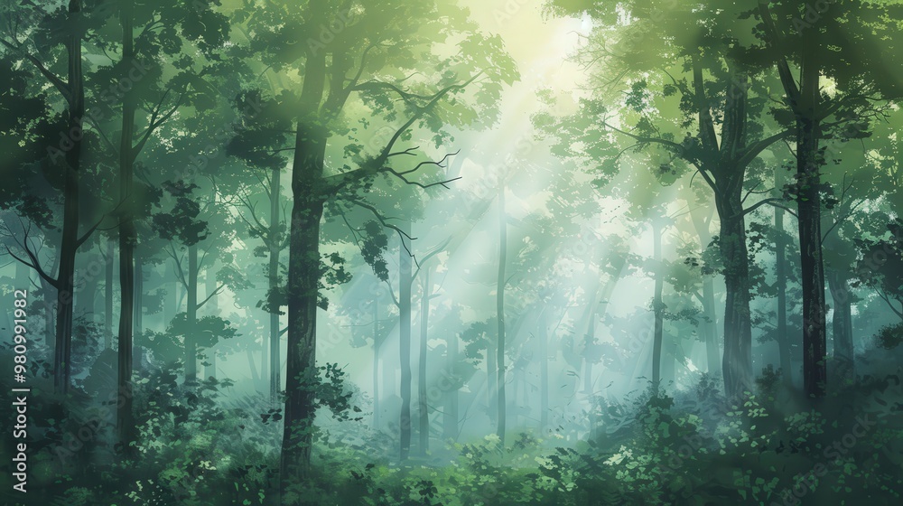 Poster this background design features a tranquil forest scene with soft, dappled light filtering through t