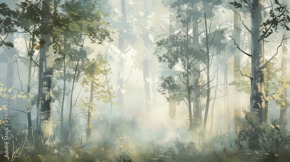 Poster this background design features a tranquil forest scene with soft, dappled light filtering through t