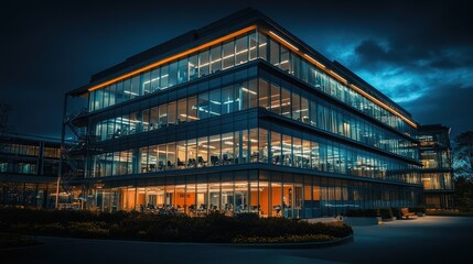 Obraz premium An office building at night with lights on