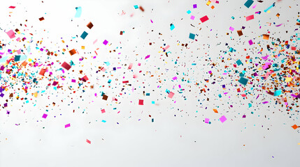 3D Holographic Confetti Burst Concept - Wide Shot of Shimmering Multicolored Confetti Floating Against Plain White Background with Copy Space for Creative Projects