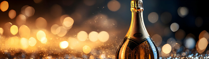 Elegant Glossy Champagne Bottle Concept with Golden Label for Luxury New Year 2025 Celebrations - Reflective Background and Sophisticated Design in Photo Stock