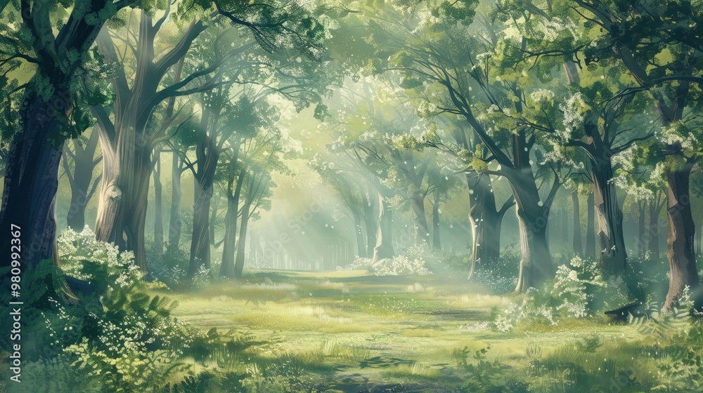 Poster this background design features a tranquil forest scene with soft, dappled light filtering through t