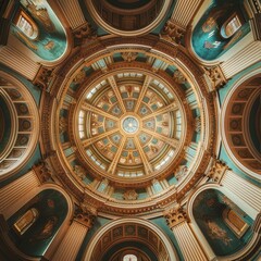 Obraz premium A breathtaking view looking up into the intricate and majestic domed ceiling of a grand, opulent building featuring ornate architectural details