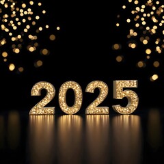 Happy 2025 New Year background with sparkling bokeh lights on dark backdrop, holiday season design