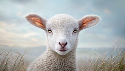 Obraz premium A curious lamb happily chewing on fresh grass, ears standing tall, with the warm glow of a country field in the background.