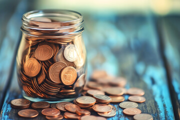 Close-up of coins in the glass bottle symbolizing financial freedom.
