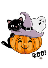 Cartoonish smiling pumpkin with black cat and ghost