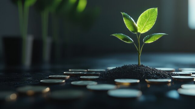 Business growth represented by a plant growing from coins, 3D illustration