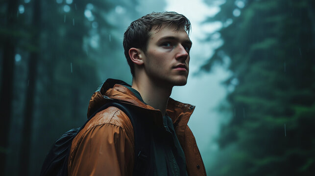Man tourist in autumn foggy forest