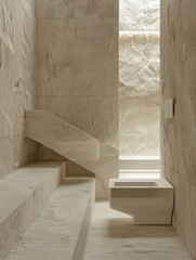 A modern ultra compact bathroom featuring distinct wet and dry zones, characterized by minimalist design and natural stone textures. light and airy atmosphere creates serene space
