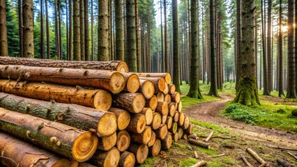 Freshly cut spruce tree trunks in a pine forest in Morvan , forest, trunks, sapin, cut, pine, woodland, nature, outdoors