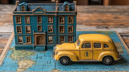 A detailed vintage miniature scene featuring a classic yellow toy car and an intricate blue toy house placed on an old world map backdrop