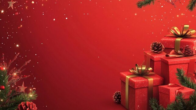 Elegante bigliettino natalizio con sfondo rosso sfumato e regali rossi sul lato destro dello sfondo. Spazio per scrivere