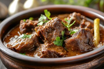 Fototapeta premium Mutton Dish: Authentic Indian Lamb Bowl with Spices. Closeup of Oily Cholesterol-Rich Delicacy