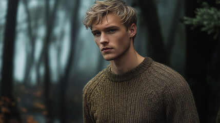 Beautiful smiling man in autumn forest in rain