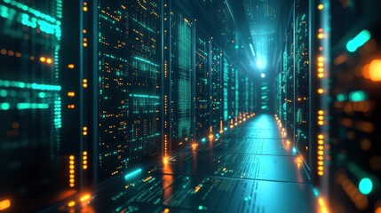 Futuristic Data Center Server Room with Bright Lights