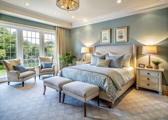 Soothing blue walls envelop a serene bedroom featuring cream-colored furniture, plush carpet, and subtle patterns,
