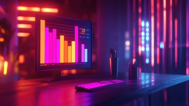 Bar chart integrated into a stylish office desk, glowing data, 3D illustration