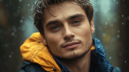 Beautiful smiling man in autumn forest in rain