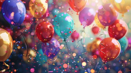 This celebration background features a colorful mix of balloons, confetti, and streamers