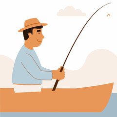 A man is fishing in a boat with a fishing pole. He is smiling and he is enjoying himself