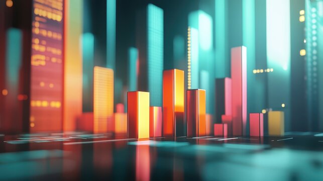 Abstract bar chart emerging from a modern workspace, digital theme, 3D illustration