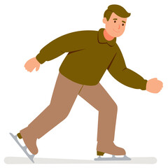 A man is skating on ice with a smile on his face. He is wearing a brown jacket and pants