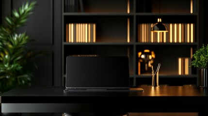Modern home office with black minimalist decor, featuring a sleek laptop on a dark desk, ambient lighting, and stylish shelving.