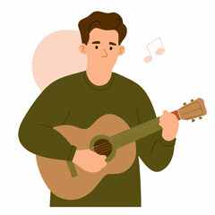 A man is playing a guitar with a sad expression on his face. The background has a musical note and a few other notes