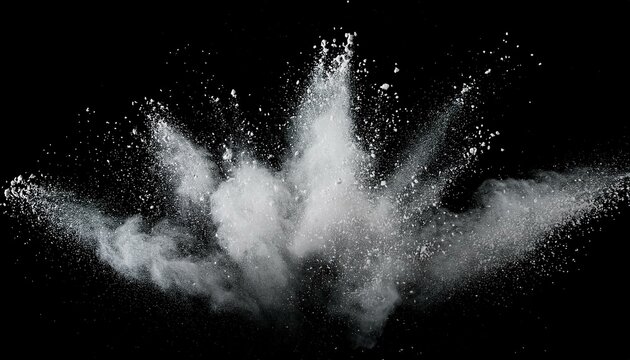 Abstract white powder explosion isolated on black background.