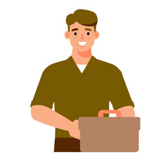 A man is holding a briefcase and smiling. He looks happy and confident. The briefcase is brown and has a red handle. The man is dressed in a brown shirt and pants