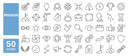 Set of 50 line icons related to mission, vision, value, target, achievement, success, successful, integrity, accurate, goal, focus, Editable stroke. Vector illustration