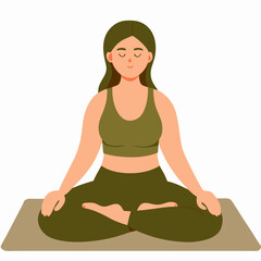 A woman is sitting on a mat and meditating. She is wearing a green tank top and green pants