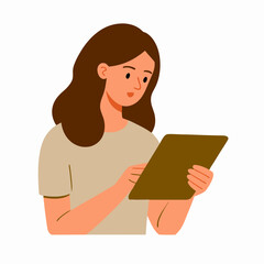 A woman is sitting and reading a tablet. She is looking at the screen with a serious expression