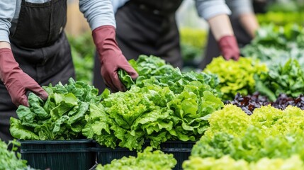Greenhouse scene with workers in overalls carefully handling pots of vibrant lettuce and green salad, highlighting clean, organic vegetable cultivation