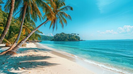 sloping coconut trees on white sand beach, blue sea water, early morning .