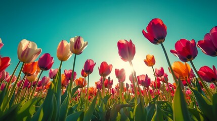 Fototapeta premium A vibrant field of tulips swaying under the blue sky 