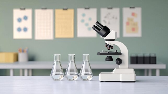 Science Experiment Setup featuring clean glass beakers and a microscope on a tidy lab table
