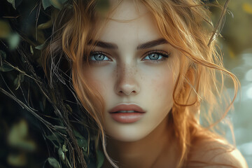 Fototapeta premium Beautiful portrait of young woman in forest