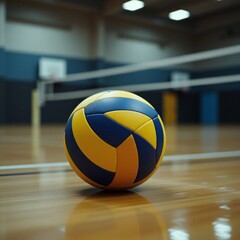 A volleyball ball is lying in empty gym on a gray background, no people, sport lifestyle, school gym