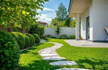 A side view of the backyard with green grass, small white stones on the lawn leading to the front...