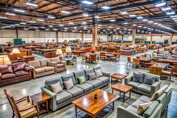 Spacious warehouse filled with affordable furniture options, rows of sofas, dining sets, and desks, at a wholesale